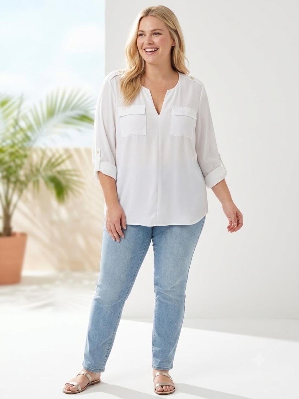 Plus Sized Split Neck Utility Blouse Roll Sleeve Minimalist Office Siren Blouse - Picture 6 of 17